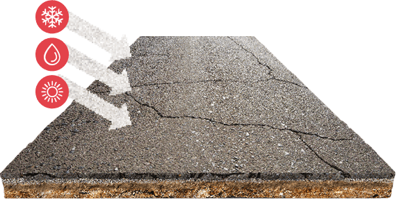 Cracked asphalt surface showing damage from weather and traffic.