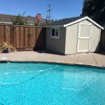 Garden shed for outdoor storage near swimming pool.