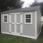Durable gray garden shed with double doors and windows, ideal for outdoor storage.