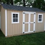 Garden shed with double doors, two windows, and beige exterior for outdoor storage.