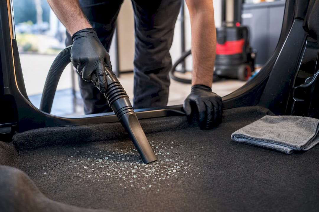 Gloved hands vacuuming shattered auto glass