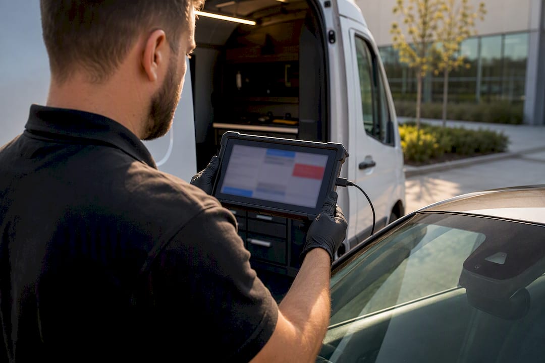 Technician performing mobile ADAS pre-scan