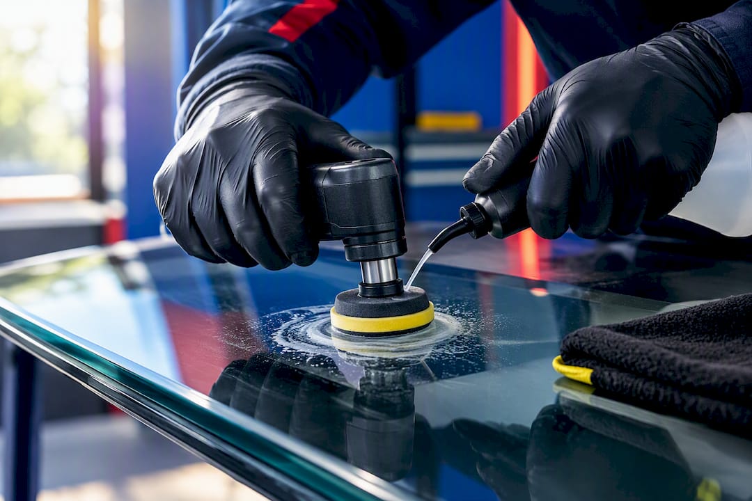 Technician polishing windshield with cerium oxide