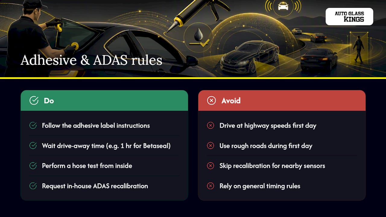 Adhesive Rules, Drive-Away Time, and ADAS Recalibration — overview diagram