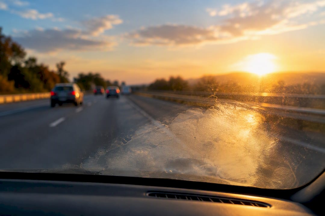 Cloudy windshield patch scattering low sunlight