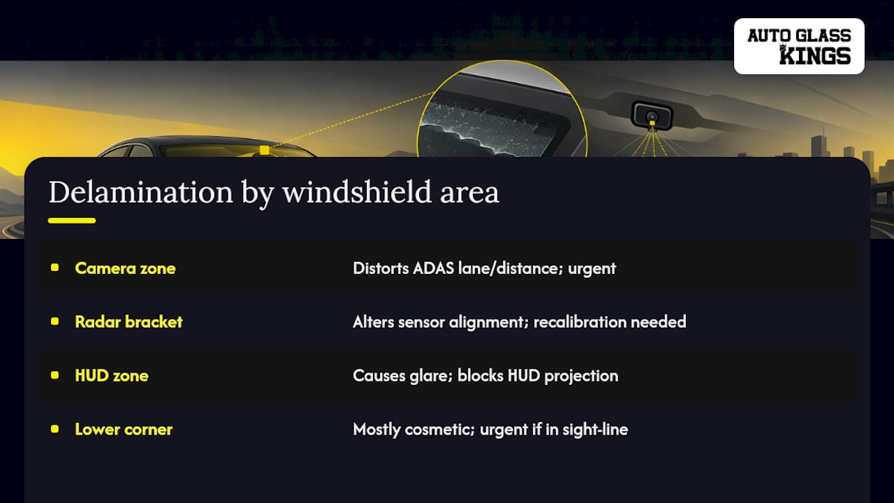 Windshield delamination risk zones for ADAS