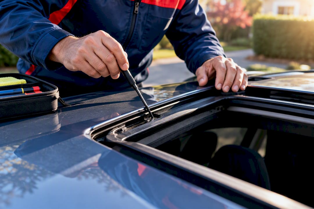 Technician inspecting an anonymous sunroof drain