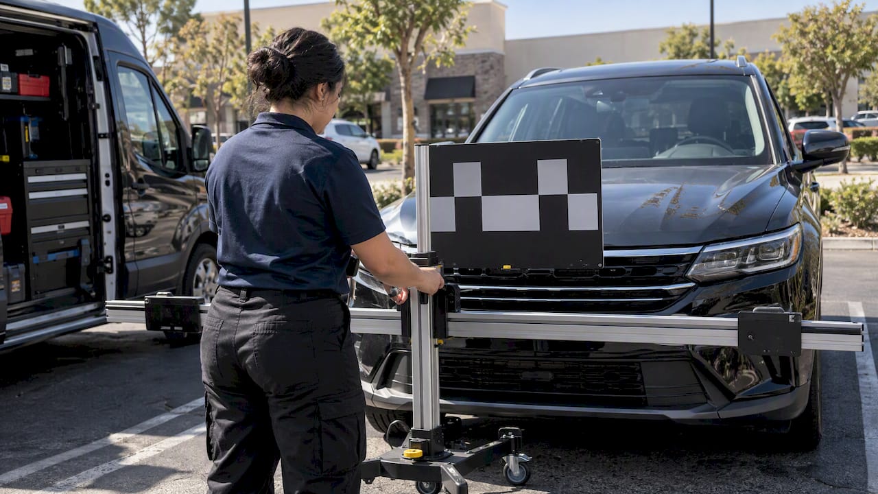 Technician performing mobile ADAS calibration