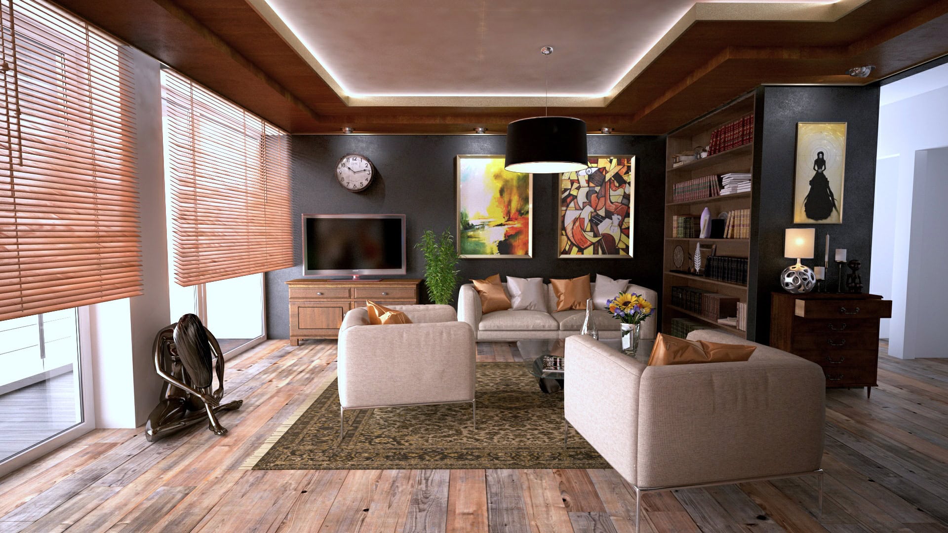 A stylish smart living room boasts large windows, white furniture and colorful artwork among a smart TV and smart lights.