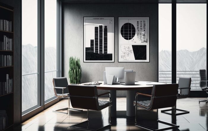 A smart office room showcases sleek smart tech in monochrome colors, with a dash of greenery and sunlight.