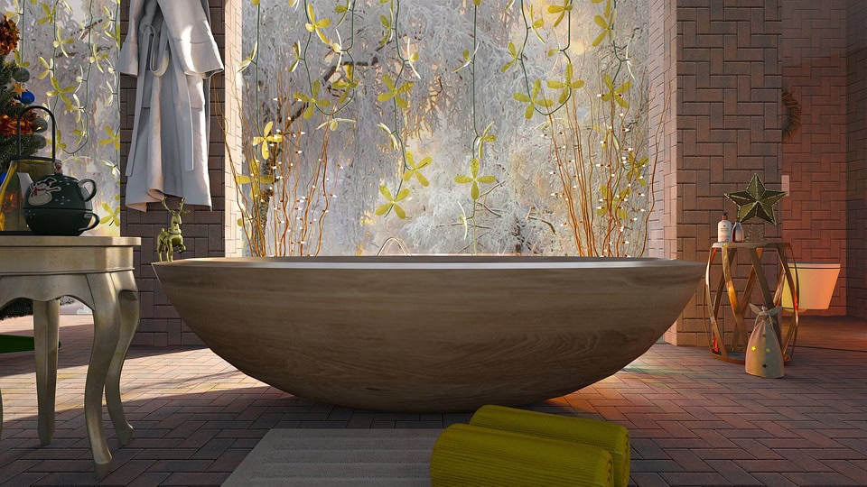 A modern smart bathroom with a soaking tub and light-filled interior, decorated with modern and rustic elements in neutral colors