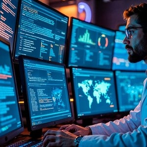 IT-Sicherheitsexperte überwacht mehrere Monitore mit Cybersecurity-Daten und Bedrohungsanalysen.