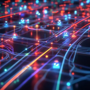 Digitales Netzwerk mit leuchtenden Datenlinien und Knotenpunkten, symbolisiert Cybersicherheit und D.