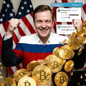 Mann mit russischer Flagge hinter sich, umgeben von Bitcoin-Münzen, Fokus auf Cybersicherheit für Un.