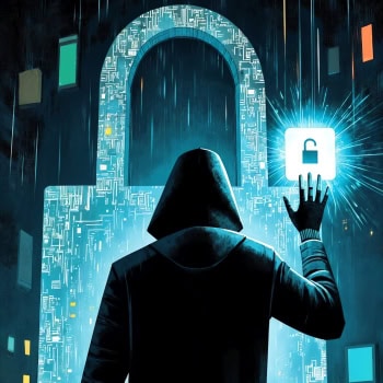Digitaler Sicherheitszugang mit Schloss und Hacker-Silhouette.