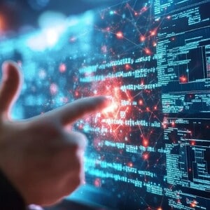 Digitales Sicherheitsnetz mit Cybersecurity-Analysen und Schutzmaßnahmen.