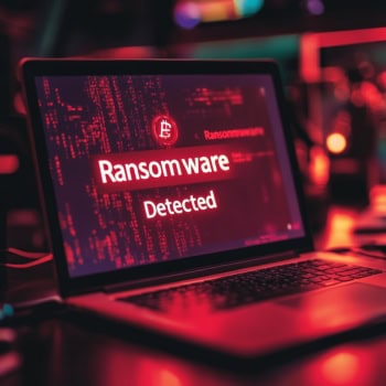 Ransomware erkannt auf einem Laptop im dunklen Raum.