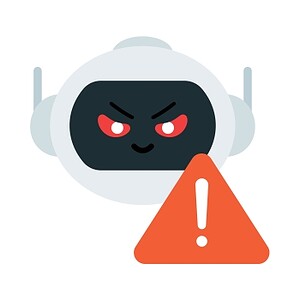 Roboter mit Warnsymbol zeigt Cybersecurity-Bedrohung an.