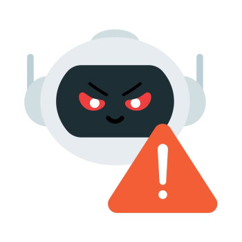 Roboter mit Warnsymbol zeigt Cybersecurity-Bedrohung an.