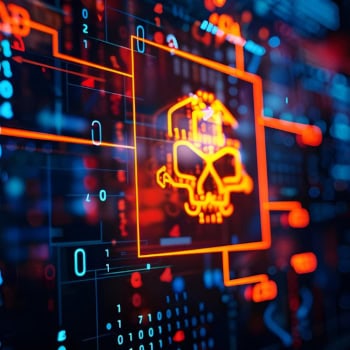 Digitales Sicherheitsbild mit Skull-Symbol und Cyberangriff-Visualisierung.