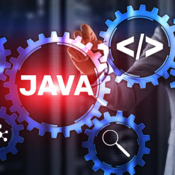 Java Logo und Code-Symbole in digitaler Umgebung.