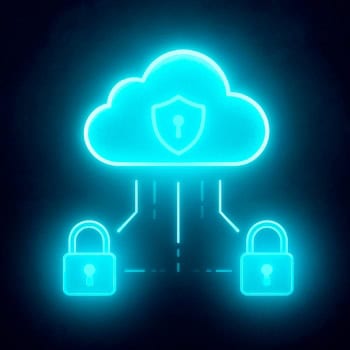 Digitale Cloud mit Schutzschild und Schlösser für Cybersicherheit.