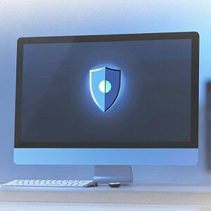Schutzschild-Symbol auf Computerbildschirm für Cybersicherheit.