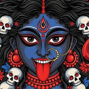 Dunkle Göttin Kali Devi mit Schädeln, rote Zunge und blauer Haut, symbolisch für Macht und Zerstörer.