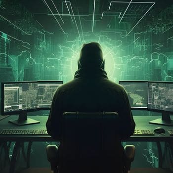 Hacker im dunklen Raum vor mehreren Monitoren mit Code und Daten.