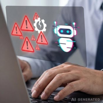 Digitale Sicherheitswarnungen und Roboter-Icon auf Laptop-Display.