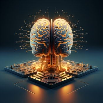 AI-gestütztes Gehirn mit digitalen Verbindungen und Hardware.