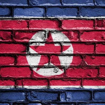 Graffiti der nordkoreanischen Flagge auf einer Ziegelmauer.