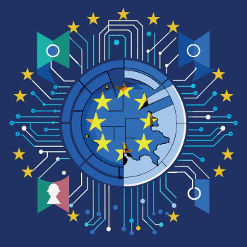 Digitale Sicherheitskonzepte mit EU-Flagge und Technologie.