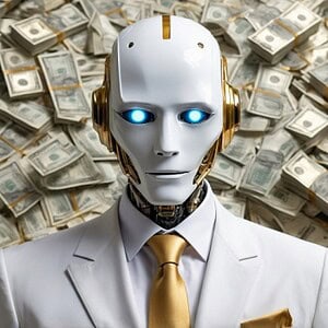 Roboter mit leuchtenden blauen Augen vor Geldscheinen, Cybersecurity-Bedrohung.