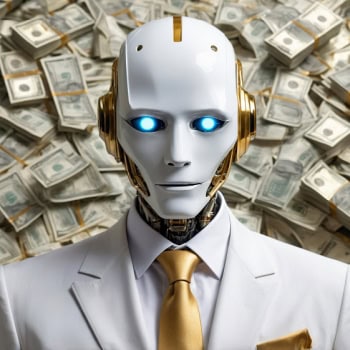 Roboter mit leuchtenden blauen Augen vor Geldscheinen, Cybersecurity-Bedrohung.