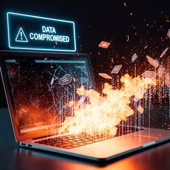 Laptop mit Warnung 'Data Compromised' und Feuerangriff auf Bildschirm.