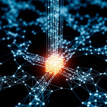 Digitale Netzwerke mit leuchtendem KI-Knotenpunkt und Verbindungen.