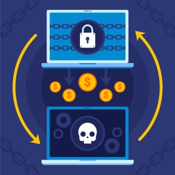 Laptop mit Kettengliedern, Schloss und Schädel-Symbol, Cyber-Security-Konzept.