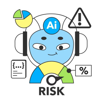 Roboter mit KI-Symbol, Warnzeichen und Risikoanzeige.