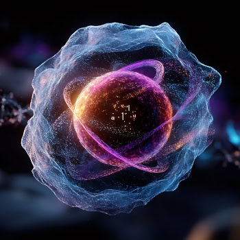 Visualisierung eines Quantenatoms mit digitalen Datenströmen.