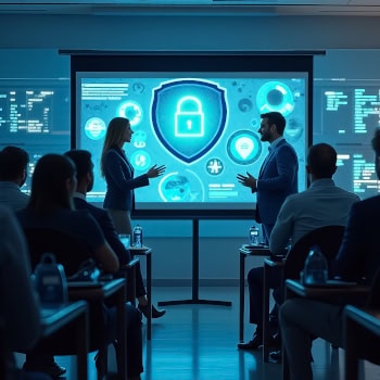 Menschen bei Cyber Security Präsentation im Konferenzraum.