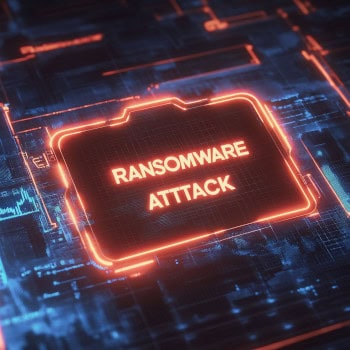 Digitales Ransomware-Attacke-Symbol mit leuchtender Warnung.