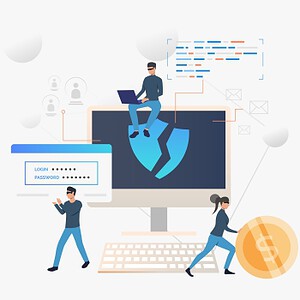 Mann mit Laptop vor Computer mit Schutzschild, Cyber-Security-Symbole.