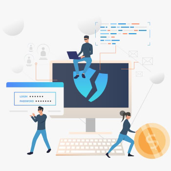 Mann mit Laptop vor Computer mit Schutzschild, Cyber-Security-Symbole.