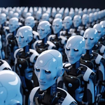 Roboterarmeen symbolisieren KI-gestützte Cybersicherheitslösungen.
