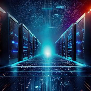 Modernes Rechenzentrum mit digitaler Sicherheitsarchitektur.