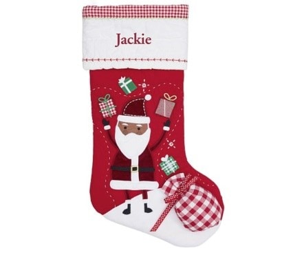 Soft Christmas Baby Stocking with Santa and personalized name "Jackie" for newborns and infants.