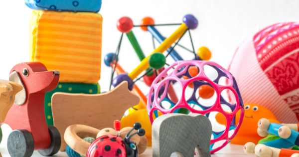 Colorful baby toys, stuffed animals, and developmental playsets for infants and toddlers.