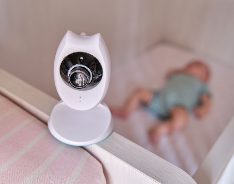 Baby monitor with camera for infants and toddlers, baby clothes and toys.