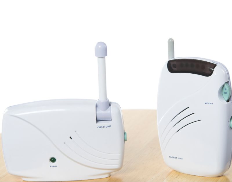Remote baby monitor with parent and child units for baby safety and monitoring.